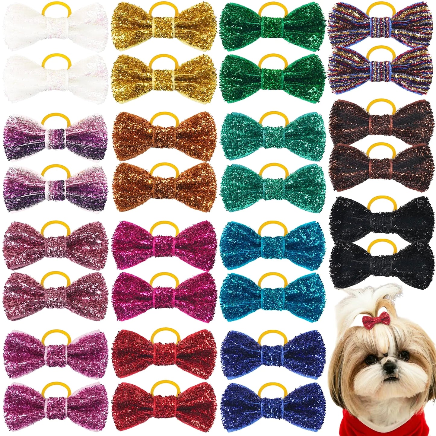 Yxiang Puppy Sparkly Sequin Glitter Hair Bows for Small Dogs Handmade 30PCS Dog Rubber Ties Pet Grooming Accessories for Doggies Poodle Teddy Shih Tzu