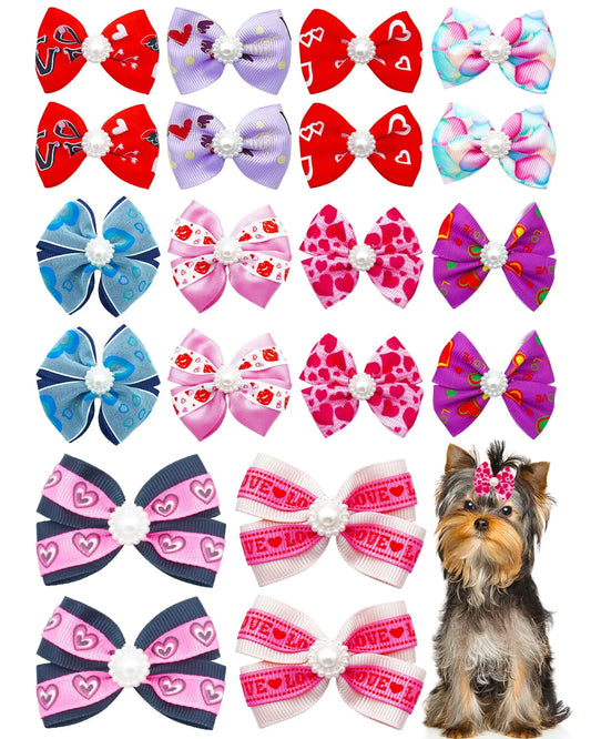 PET SHOW 20 Pack Valentines Dog Hair Bows with Alligator Clips for Small Medium Dogs Bowknot Hair Clips Cat Puppy Yorkshire Grooming Hair Accessories Rose Red Pink for Party Costumes