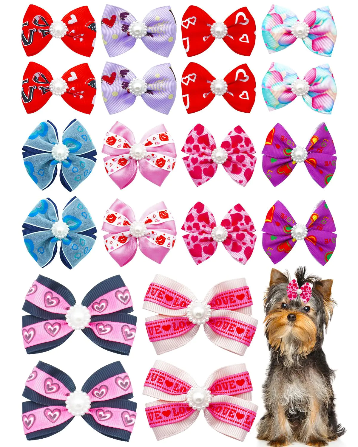 PET SHOW 20 Pack Valentines Dog Hair Bows with Alligator Clips for Small Medium Dogs Bowknot Hair Clips Cat Puppy Yorkshire Grooming Hair Accessories Rose Red Pink for Party Costumes
