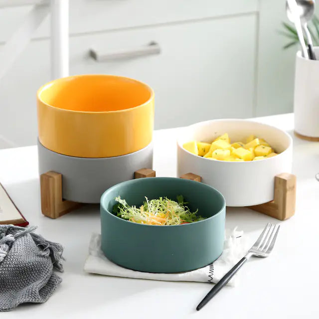 Ceramic Pet Bowl with Wooden Stand and Noodle Bowl