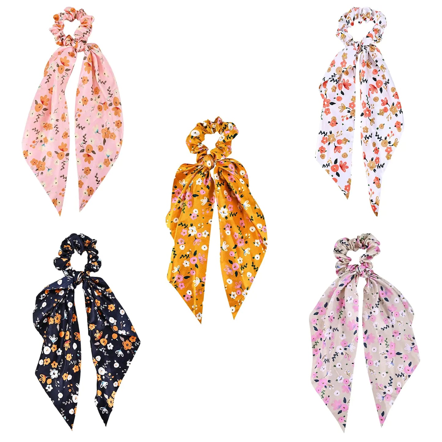 Yonchic 5-Piece Fabric Classic Bowknot Hair Ties Elegant Hair Scarf Scrunchies Long Ribbon Ponytail Holders Head Bands Elastic Vintage Bow Tie Hair Accessories for Ladies Women Girls (Flower Print)