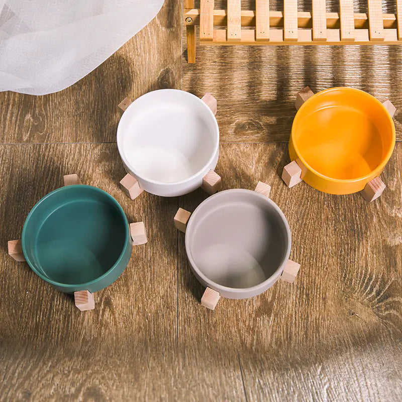 Ceramic Pet Bowl with Wooden Stand and Noodle Bowl