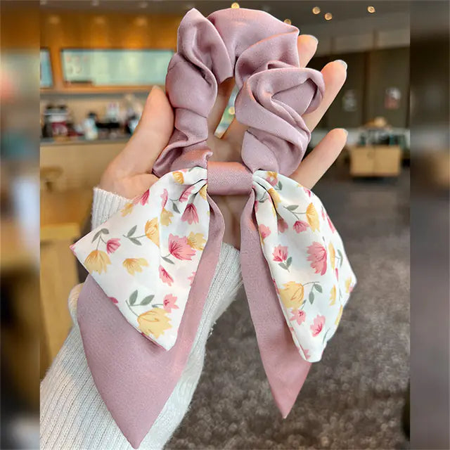 Floral Bow Scrunchie Headband Hair Tie Rope