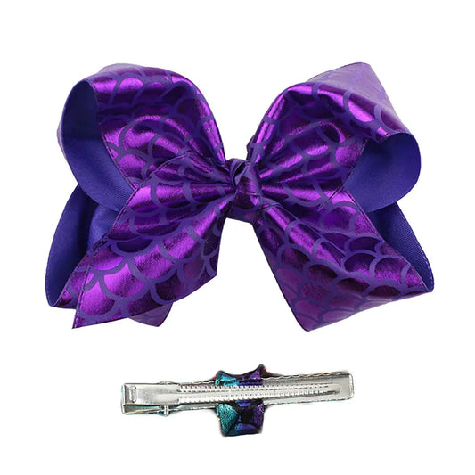 Mermaid Scale Hair Bow Clip Fish Tail Scale Big Bows Mermaid Tail Scale Jumbo Bow BBG32 (Purple Bow)