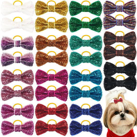Yxiang Puppy Sparkly Sequin Glitter Hair Bows for Small Dogs Handmade 30PCS Dog Rubber Ties Pet Grooming Accessories for Doggies Poodle Teddy Shih Tzu