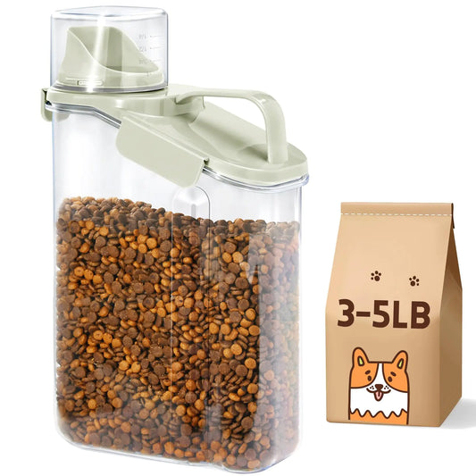 P-ZOONPE Dog Food Container 3-5 Lb Dog Food Storage Containers with Airtight Large Pour Spout Cat Food Container with Measuring Cups Portable Travel Pet Food Storage Container (Grayish Green)