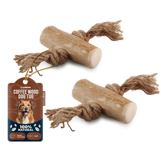 GOWGOW 2 Pack Coffee Wood Dog Chew Large Made of Real Coffee Wood and Hemp Rope - 100% Natural - Wood Bones for Large Dogs Teeth Cleaning Wood Dog Bone