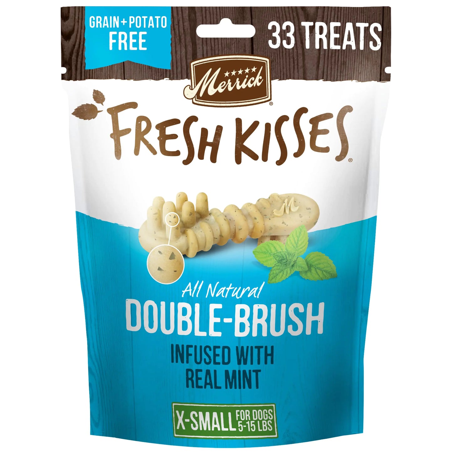 Merrick Fresh Kisses Natural Dental Chews Toothbrush Treat Shape Infused With Real Mint For Tiny Dogs 5-15 Lbs - 33 ct. Bag