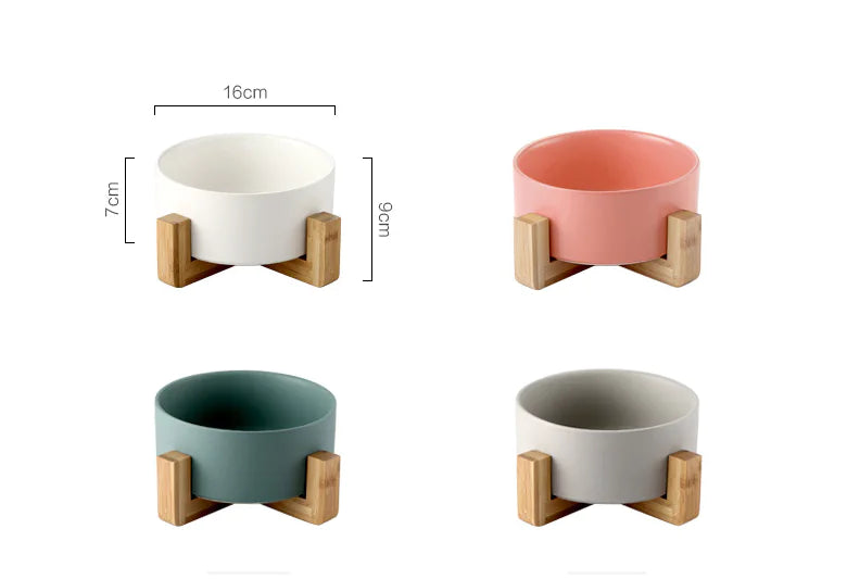 Ceramic Pet Bowl with Wooden Stand and Noodle Bowl