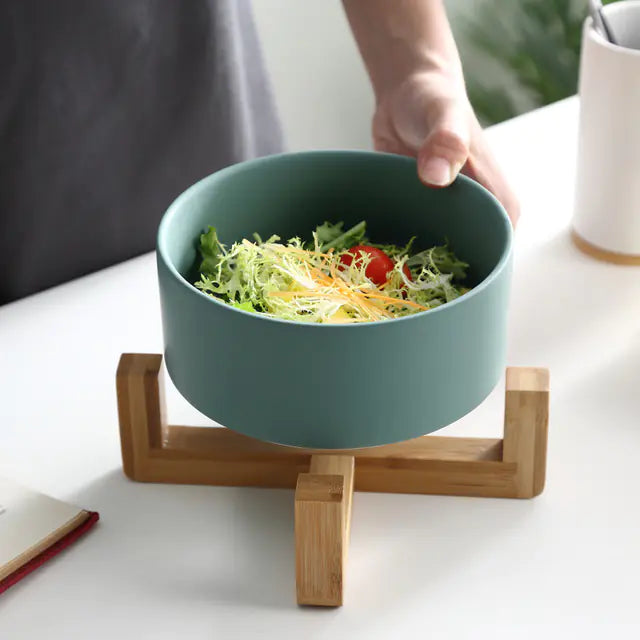 Ceramic Pet Bowl with Wooden Stand and Noodle Bowl