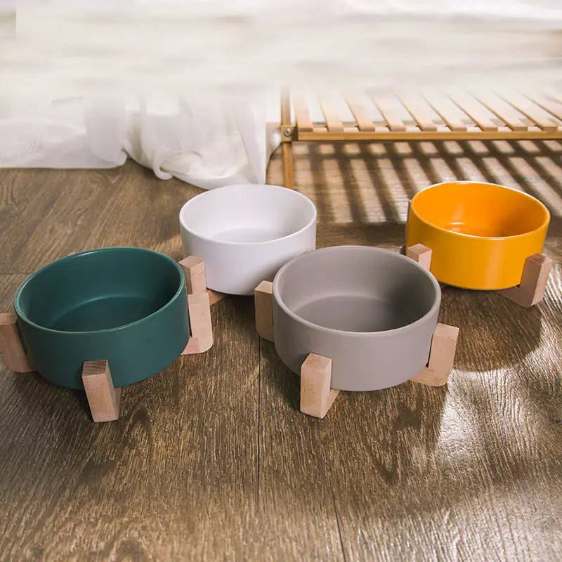 Ceramic Pet Bowl with Wooden Stand and Noodle Bowl